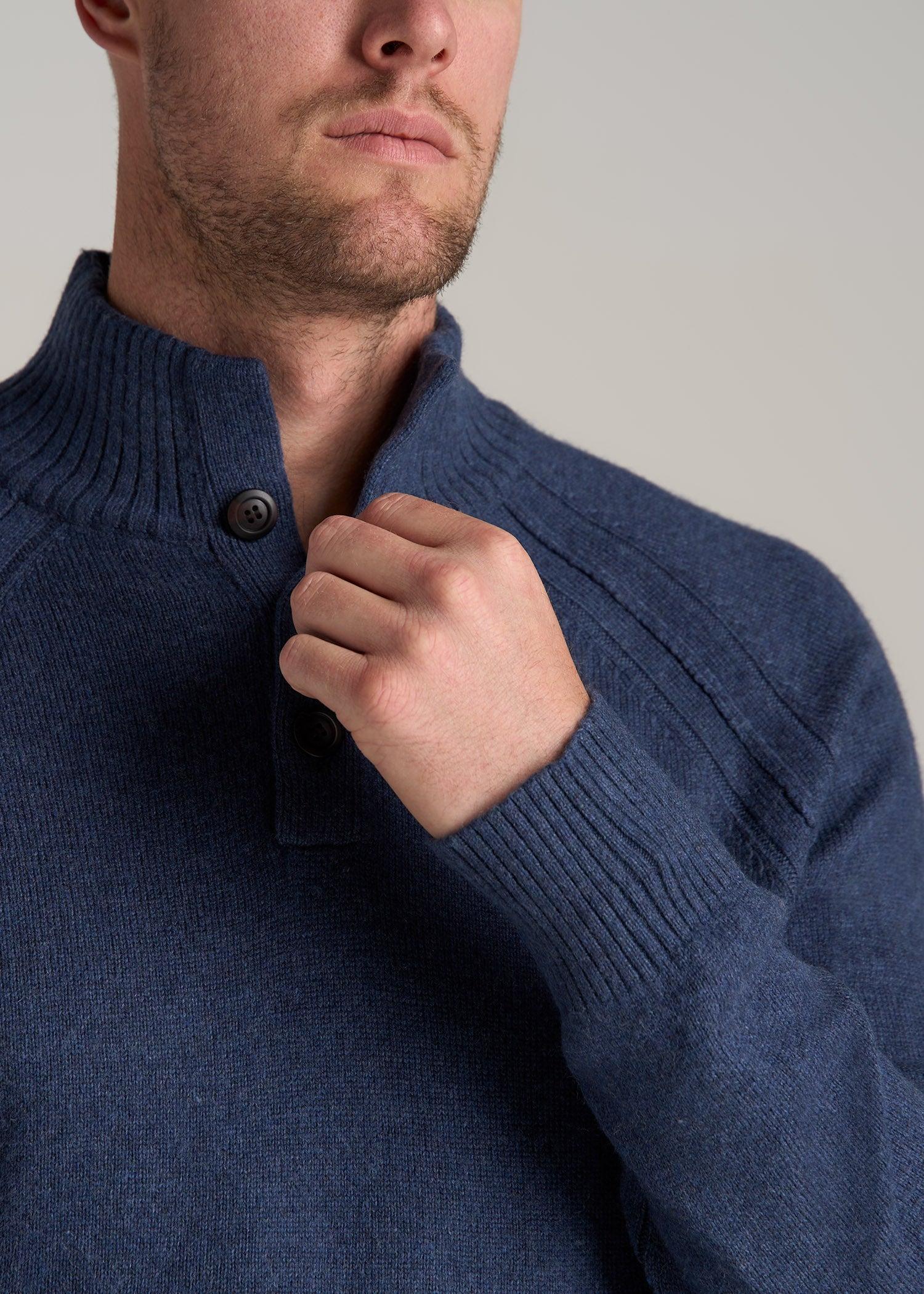 Three Button Mock Neck Tall Men's Sweater in Deep Cobalt Mix Male Product Image