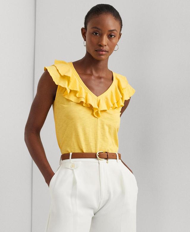 Lauren Ralph Lauren Ruffle-Trim Slub Jersey Sleeveless Tee Women's Clothing Product Image