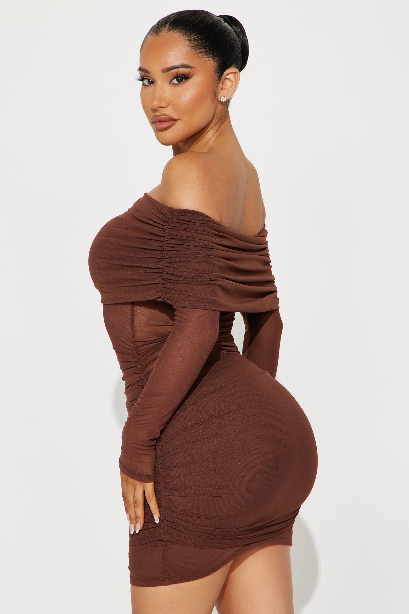 Adeline Off Shoulder Mini Dress - Chocolate Product Image