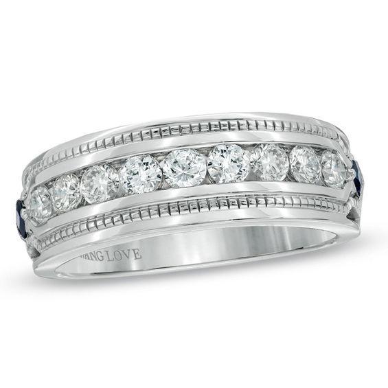 Vera Wang Love Collection Men's 1 CT. T.w. Diamond and Blue Sapphire Wedding Band in 14K White Gold Product Image