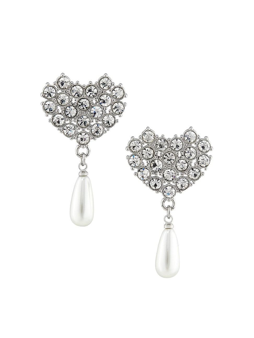 Womens Silvertone, Imitation Pearl & Crystal Heart Drop Earrings Product Image