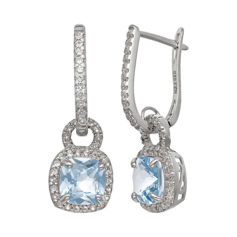 Sterling Silver Lab-Created Aquamarine and Lab-Created White Sapphire Square Halo Drop Earrings, Womens, Multi Product Image