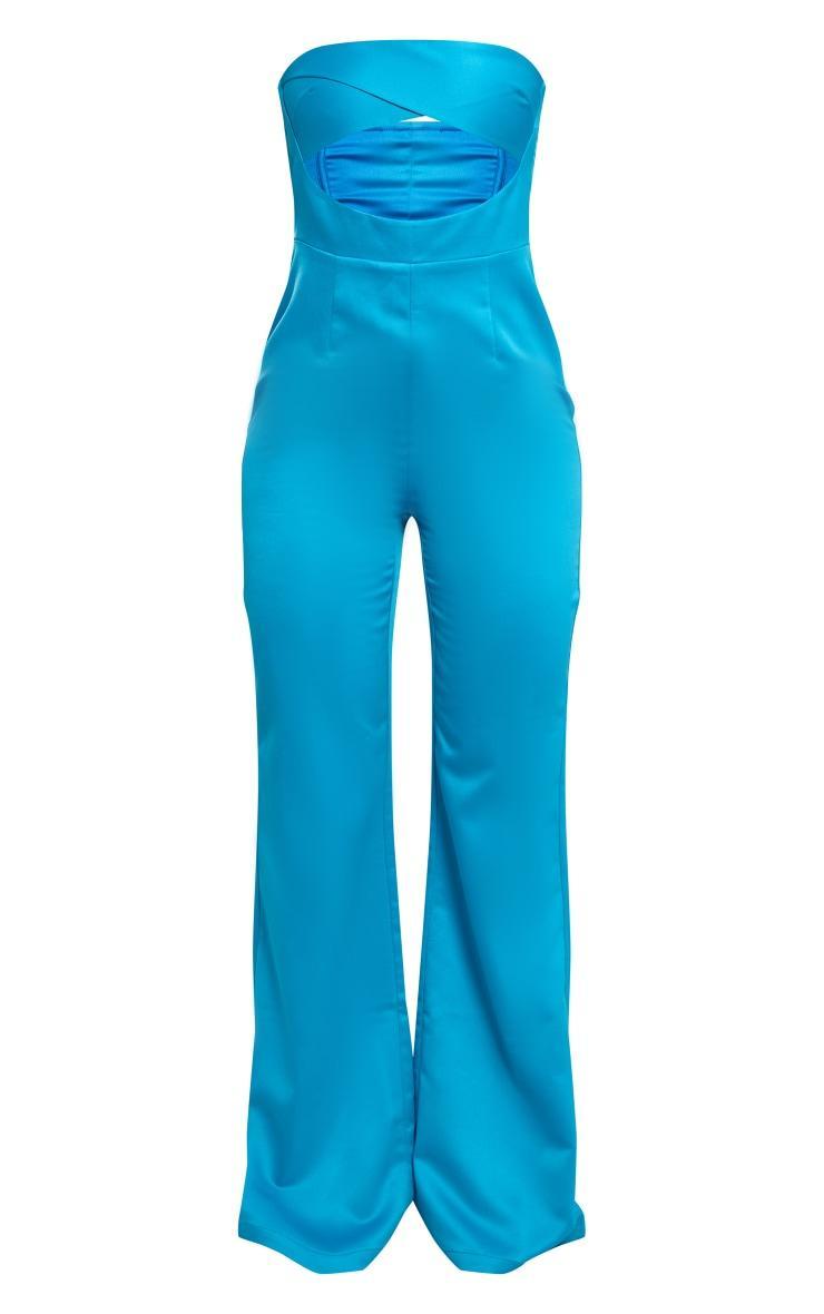  Bright Blue Satin Bandeau Cut Out Wide Leg Jumpsuit Product Image