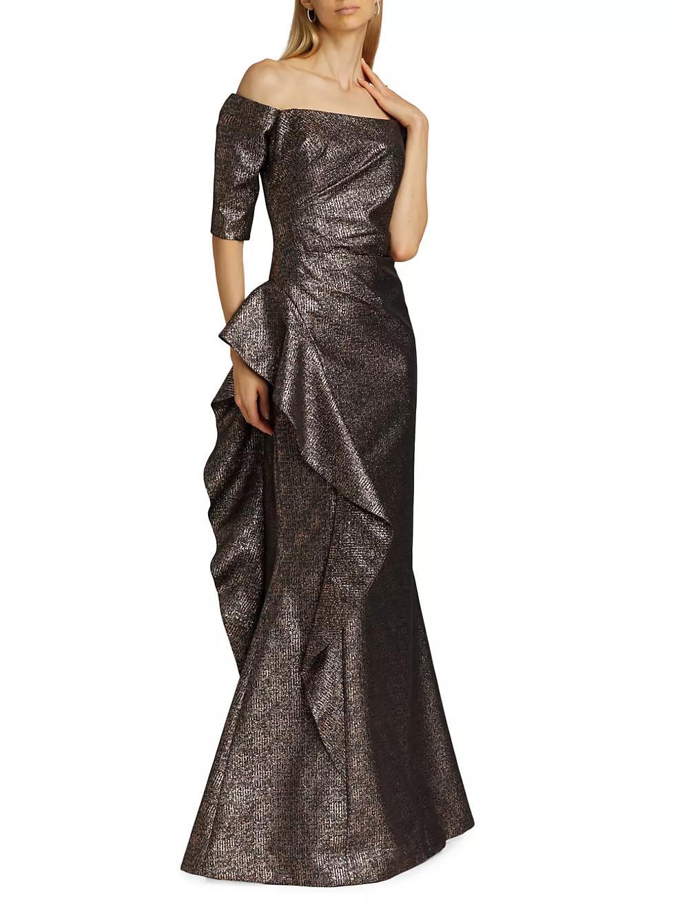 Metallic Jacquard Off-The-Shoulder Gown Product Image