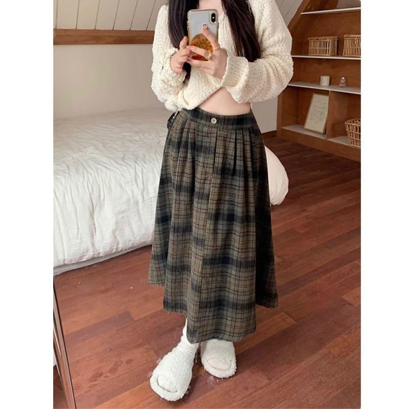 High Rise Plaid Midi A-Line Skirt / V-Neck Plain Button-Up Cardigan Product Image