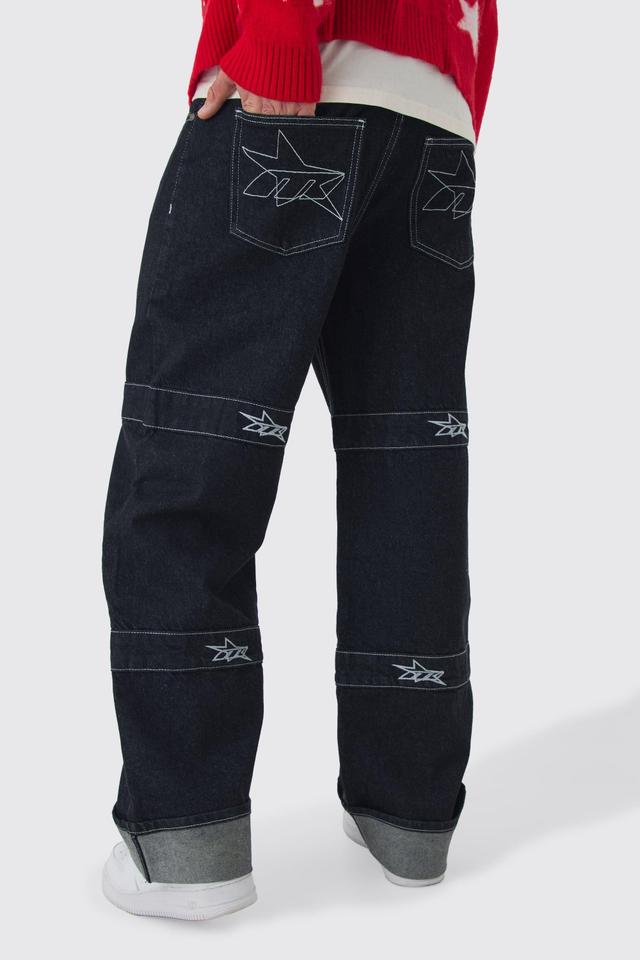 Relaxed Rigid Indigo Contrast Embroidered Strap Jeans | boohooMAN USA Product Image