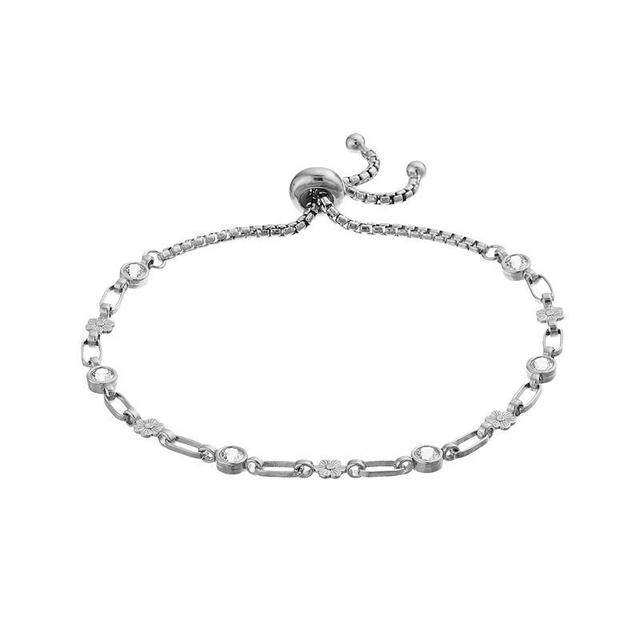 Kristen Kesho Sterling Silver Lab-Created White Sapphire & Flower Link Adjustable Bolo Bracelet, Womens Product Image