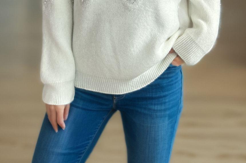 Crew Neck Plain Faux Pearl Accent Sweater Product Image