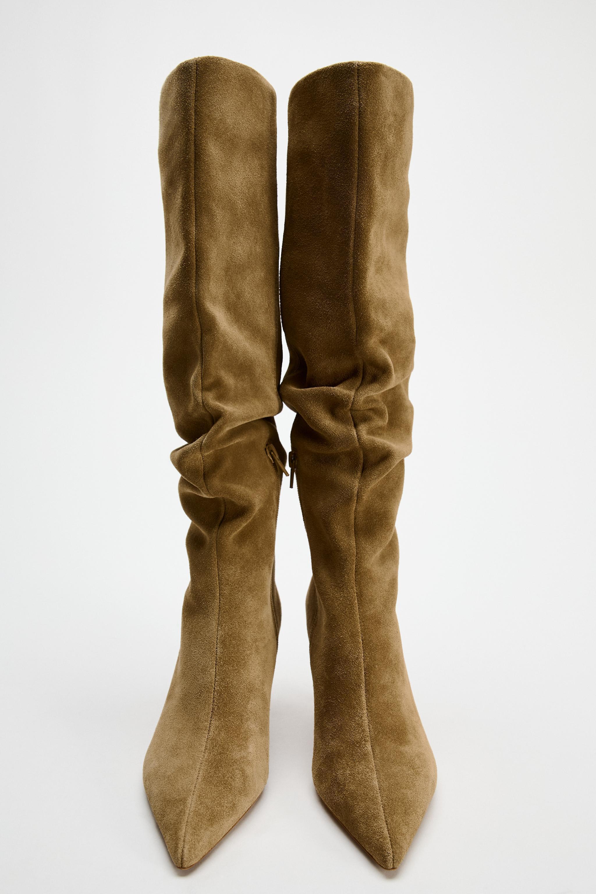 LEATHER SUEDE HEELED RUCHED BOOTS Product Image