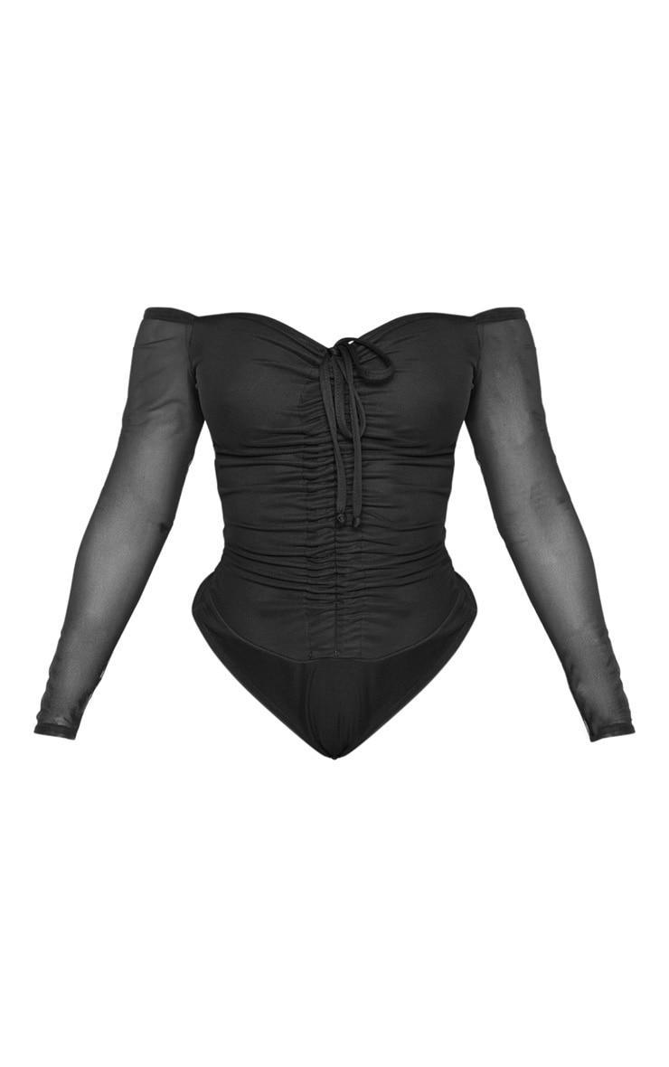 Shape Black Mesh Long Sleeve Ruched Bodysuit Product Image