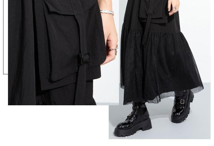 Elastic Waist Plain Flap Pocket Panel Mesh Maxi A-Line Skirt Product Image