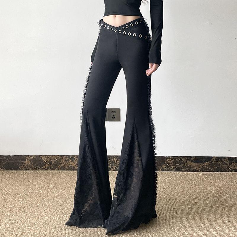 Mid Waist Plain Lace Panel Flare Pants Product Image