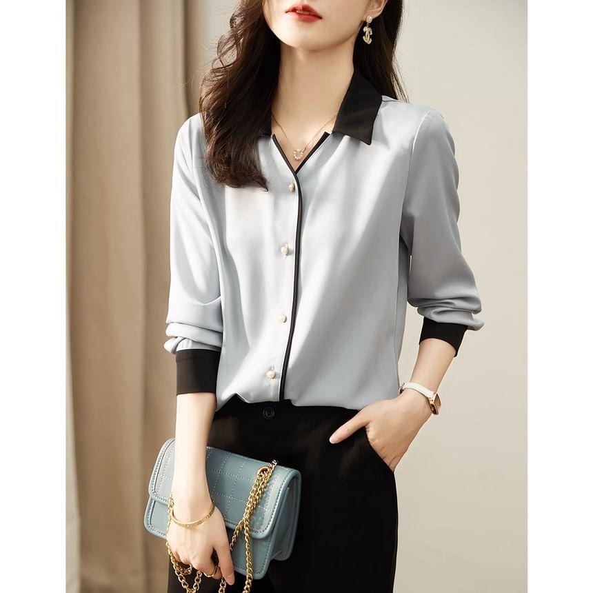 Long Sleeve Collared V-Neck Two Tone Button Blouse Product Image