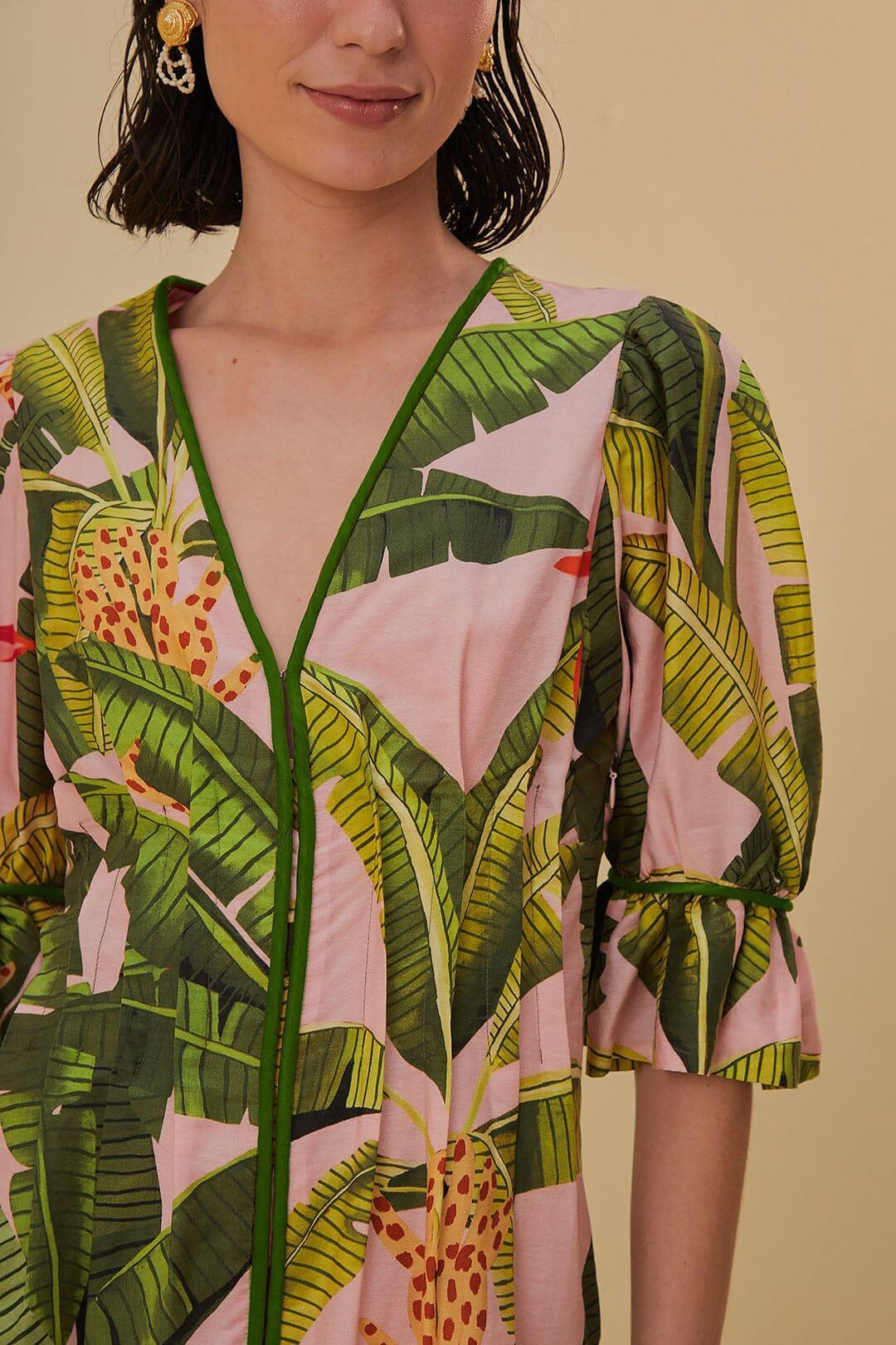 Pink Banana Leaves V Neck Mini Dress Product Image