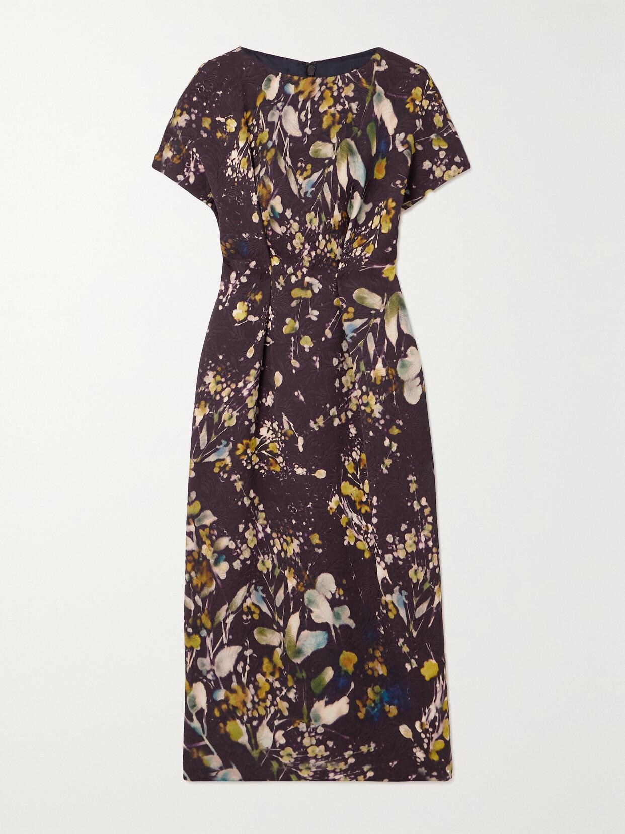 Dezos Printed Floral-jacquard Midi Dress In Brown Product Image