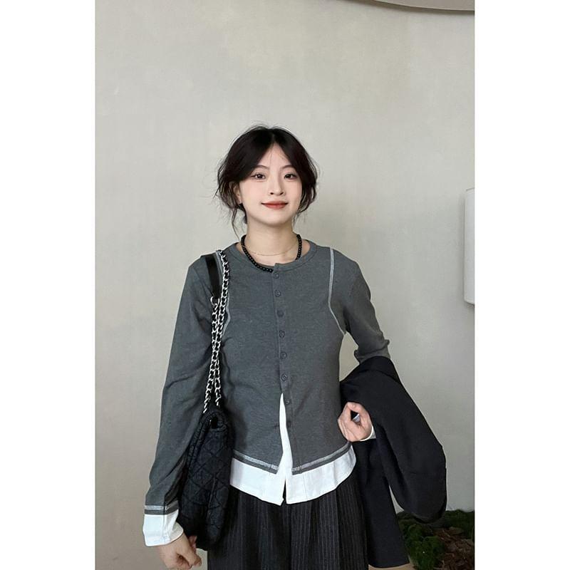 Crew Neck Mock Two-Piece Two Tone Contrast Stitched Button-Up Cardigan Product Image