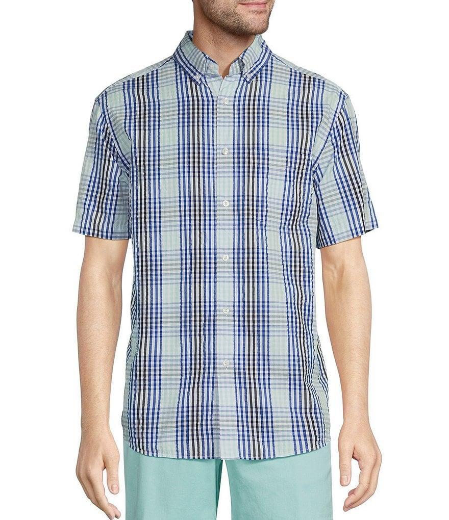 Roundtree & Yorke Short Sleeve Medium Plaid Seersucker Sport Shirt Product Image