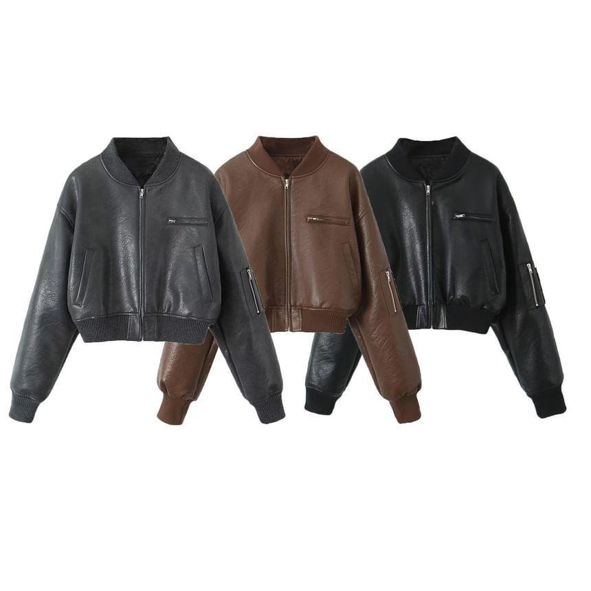 Plain Faux Leather Crop Zip Bomber Jacket product image