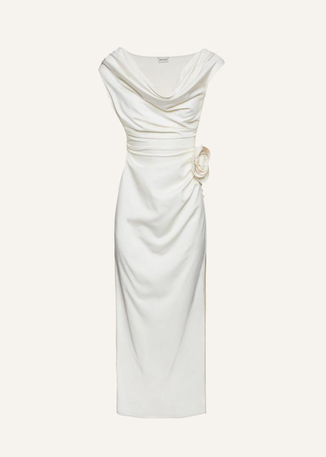 Wrap shoulder silk midi dress in cream Product Image