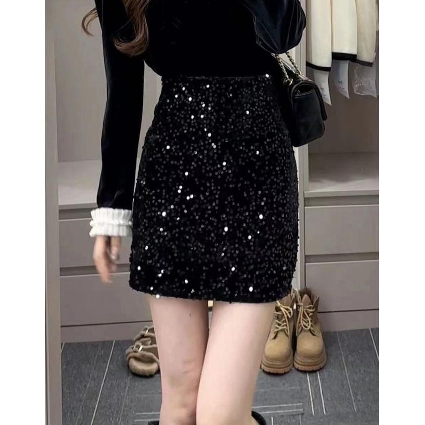 High Rise Sequin Mini Skirt Product Image