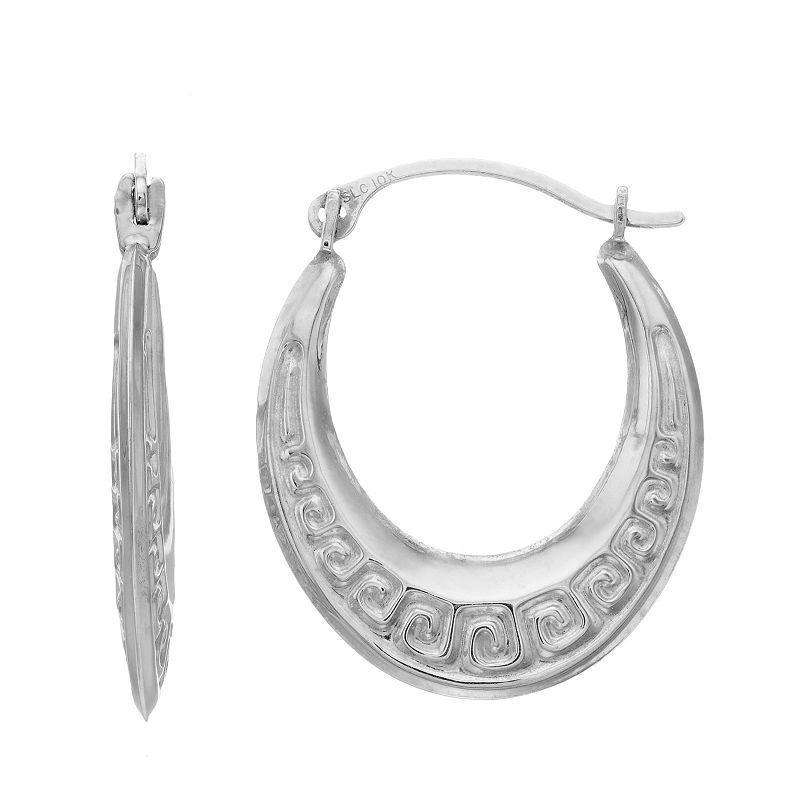 10k White Gold Greek Key Pattern Oval Hoop Earrings, Womens Product Image