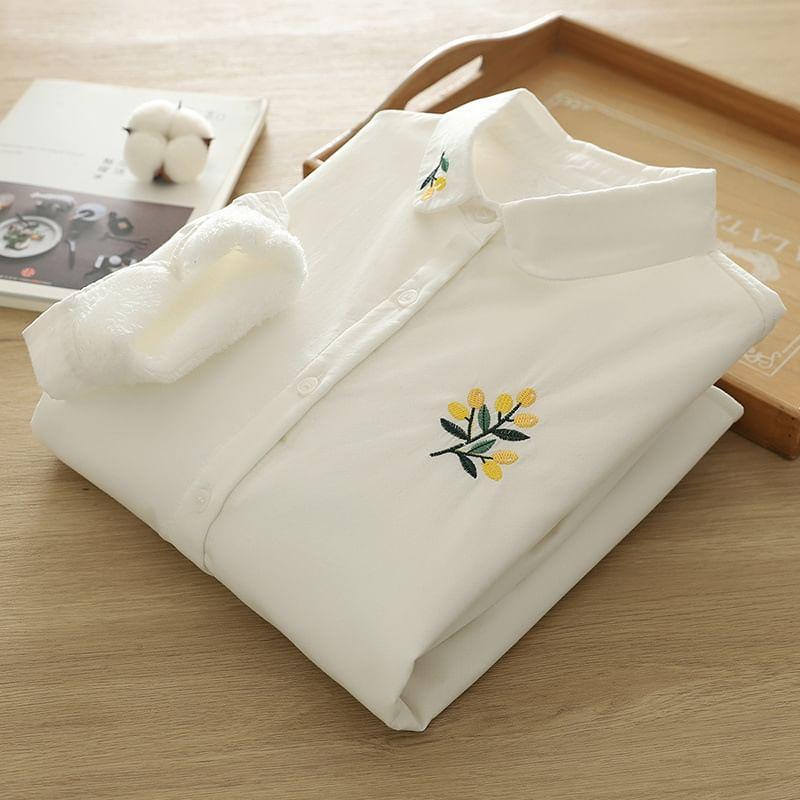 Long Sleeve Collared Floral Embroidered Shirt Product Image