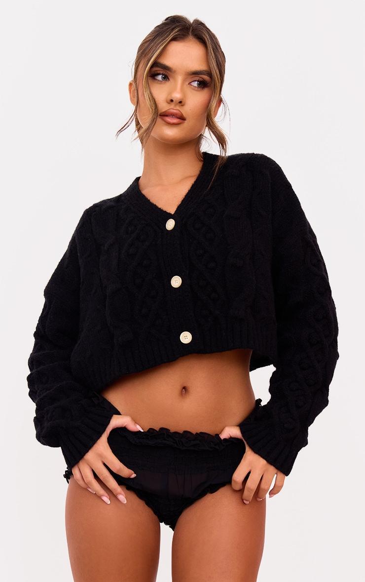 Black Textured Cable Knit Cropped Cardigan product image