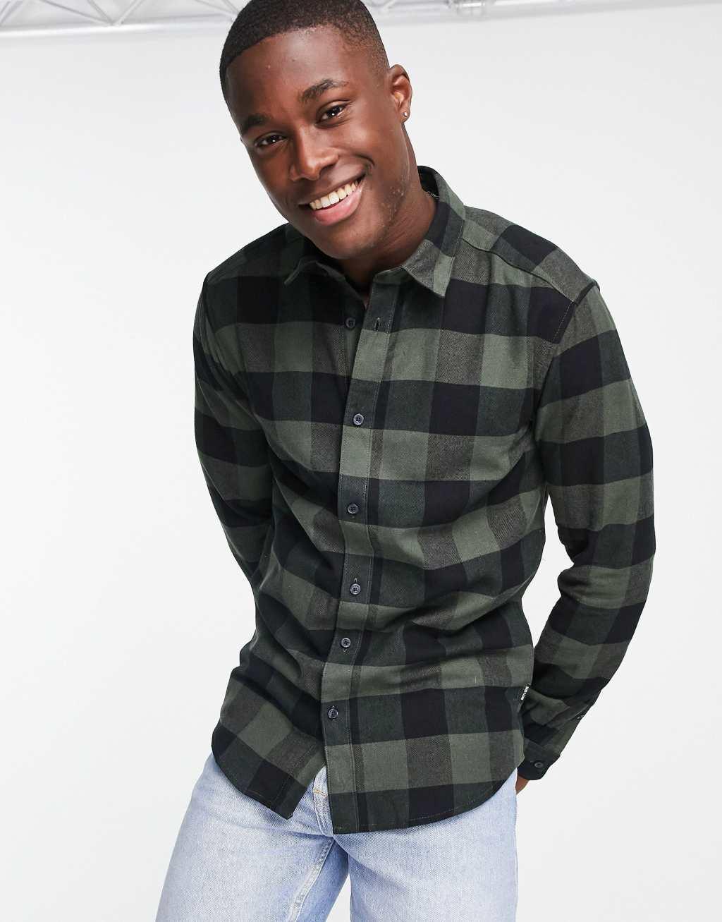 Only & Sons buffalo check shirt in khaki and black Product Image