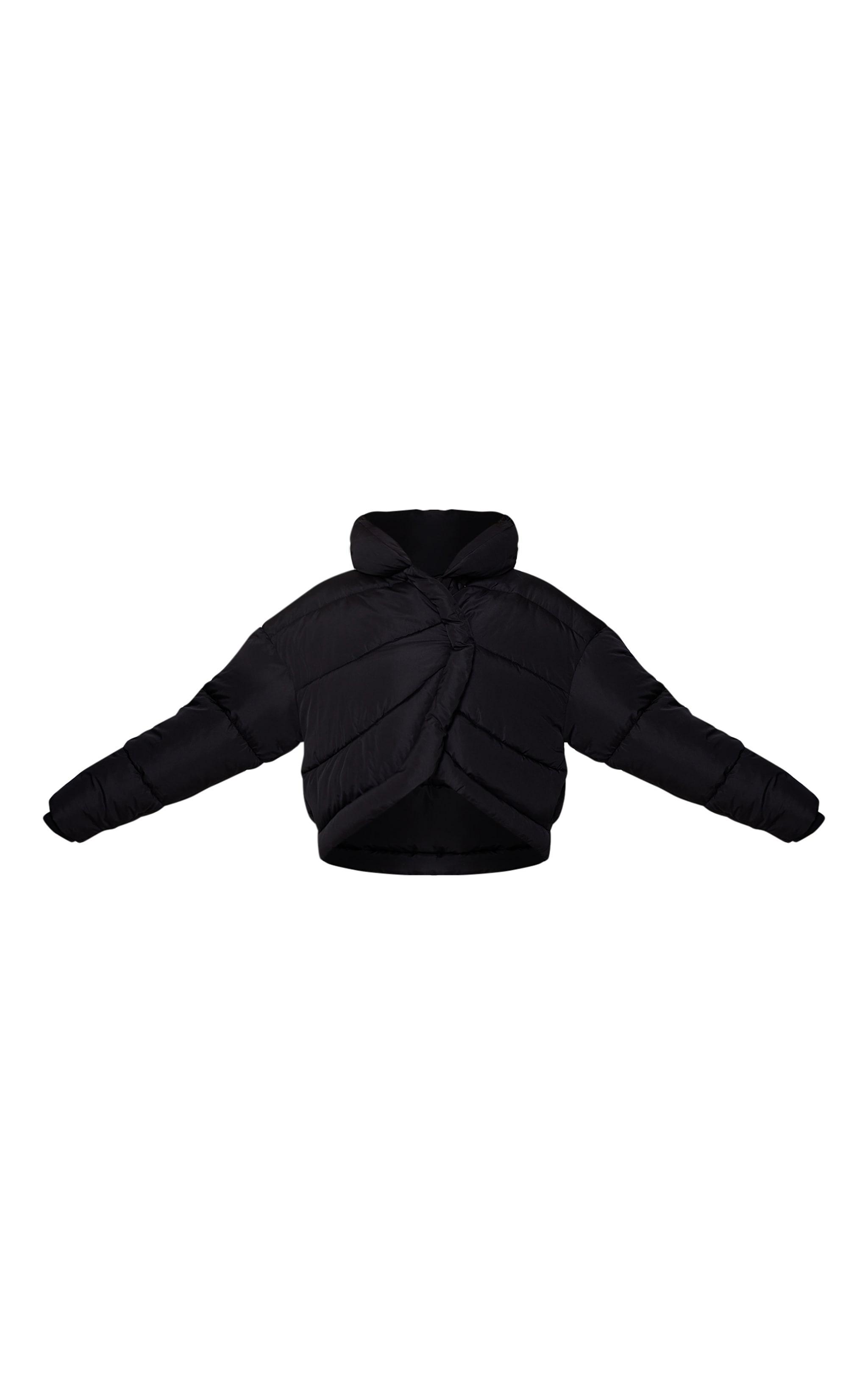 Black Quilted Asymmetric High Neck Puffer Jacket Product Image