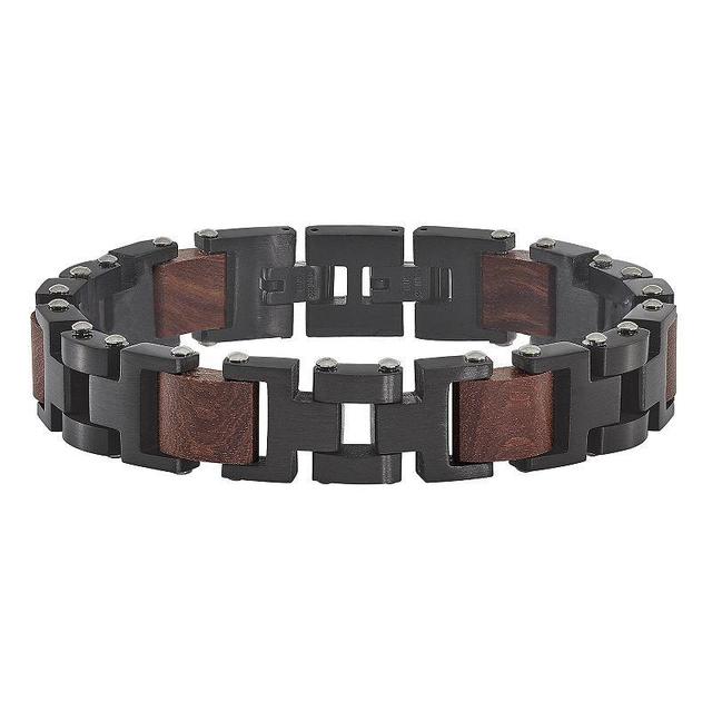 Mens Black Stainless Steel Brushed Wood Bracelet Product Image