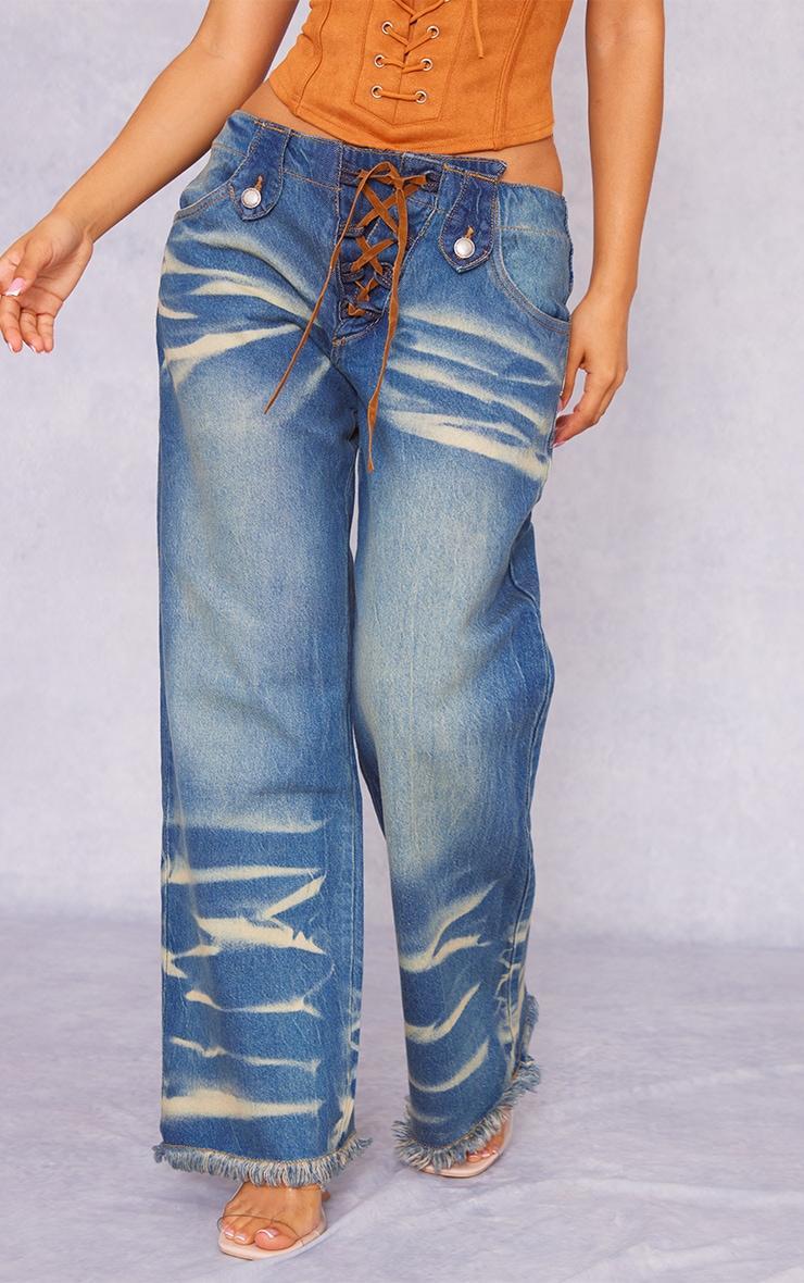 Petite Mid Blue Wash Low Rise Lace Up Wide Leg Jeans Product Image