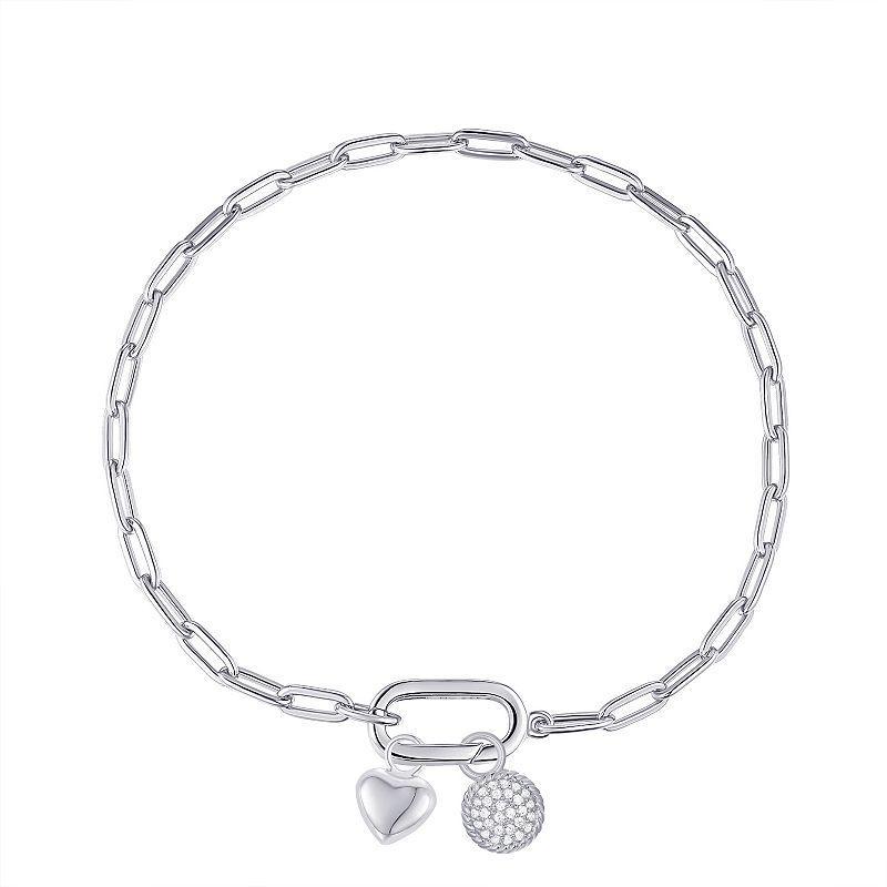 Platinum Over Silver Cubic Zirconia Paper Clip Chain Charm Bracelet, Womens White Product Image