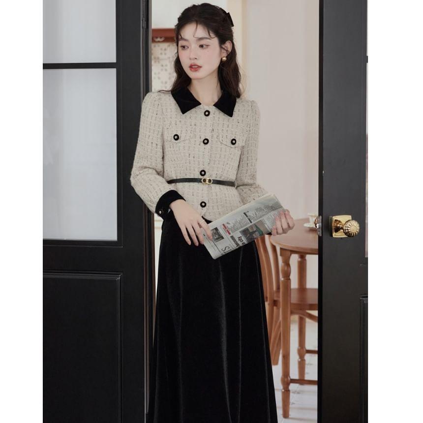 Set: Collar Two Tone Tweed Button Jacket + High Rise Plain Velvet Midi A-Line Skirt + Belt Product Image