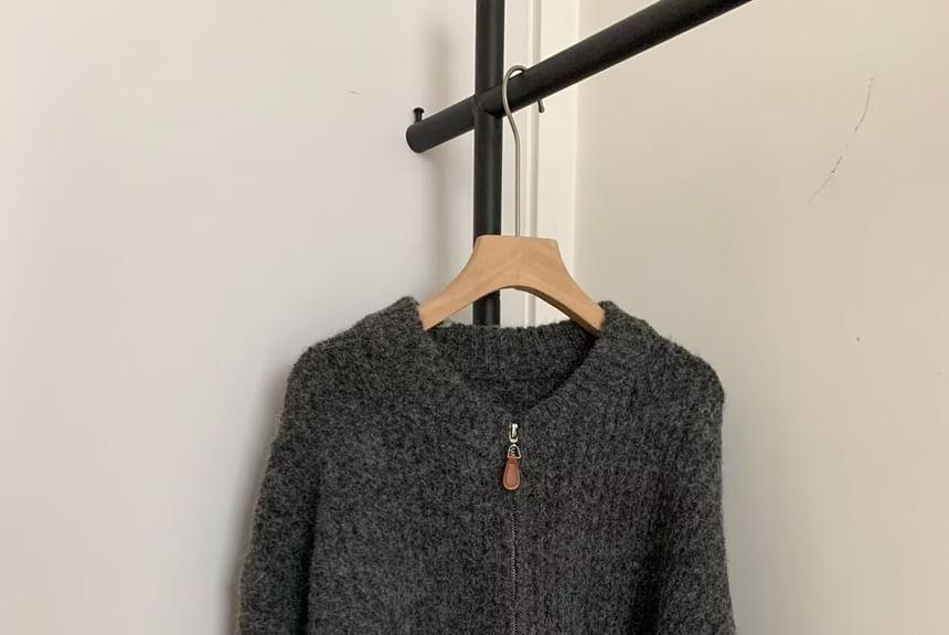 Crew Neck Plain Zip-Up Cardigan Product Image