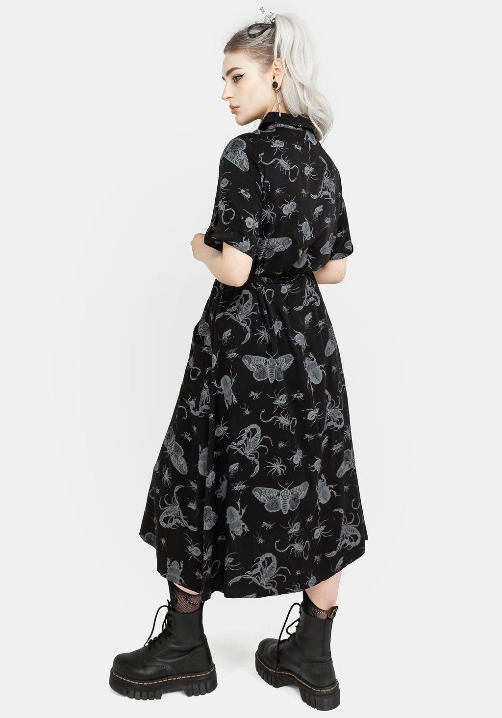 Parasite Bugs Short Sleeve Midi Shirt Dress - Black Product Image