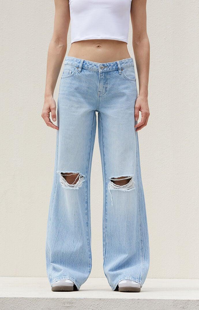 Women's Light Indigo Ripped Low Rise Baggy Jeans Product Image