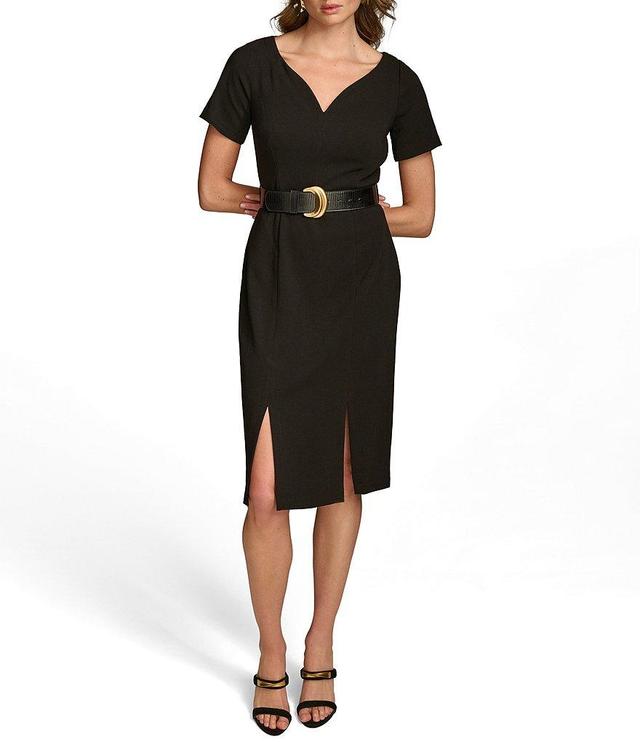 Donna Karan Solid Cady Crepe V-Neck Short Sleeves Belted Sheath Dress Product Image