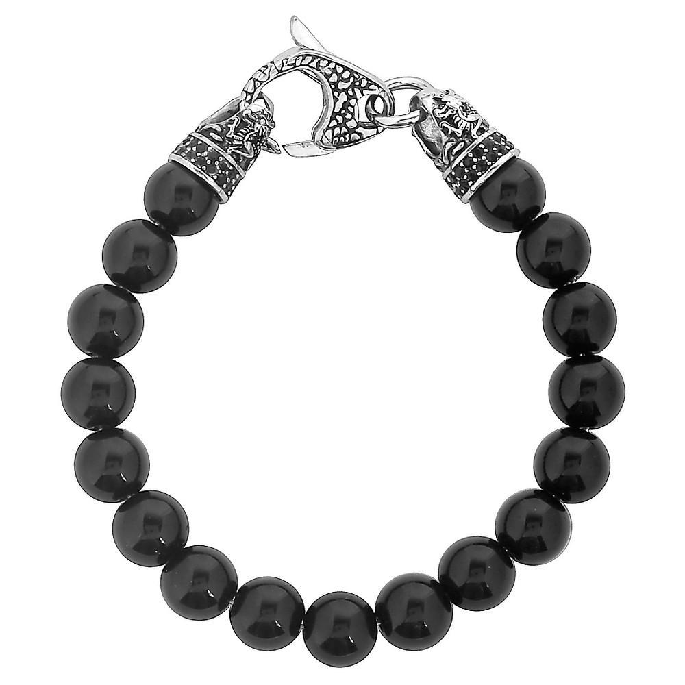 Mens Onyx Stone Antiqued Stainless Steel Clasp Beaded Bracelet (10mm) - 8.5 Product Image