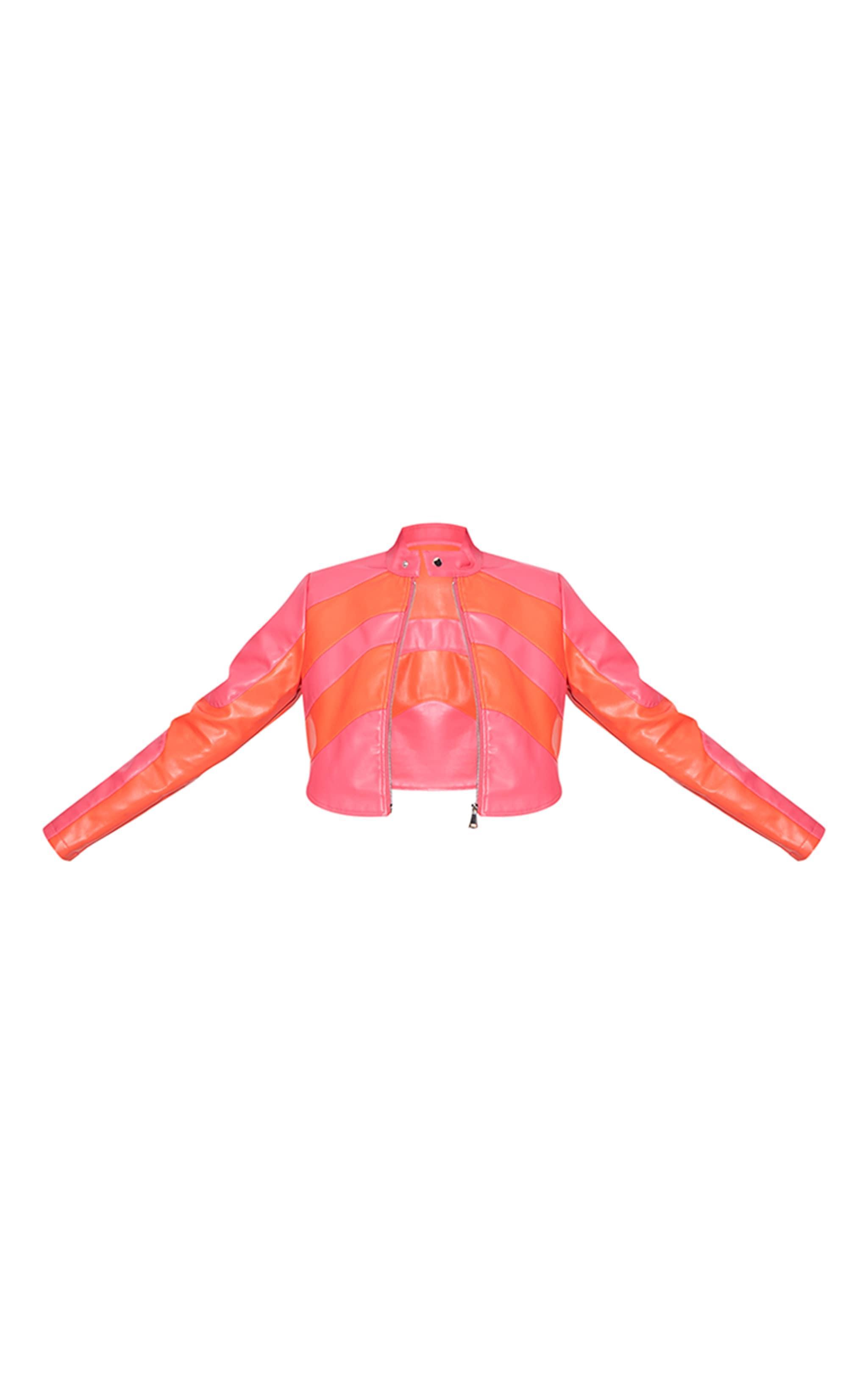  Pink Asymmetric Lines Faux Leather Crop Jacket Product Image