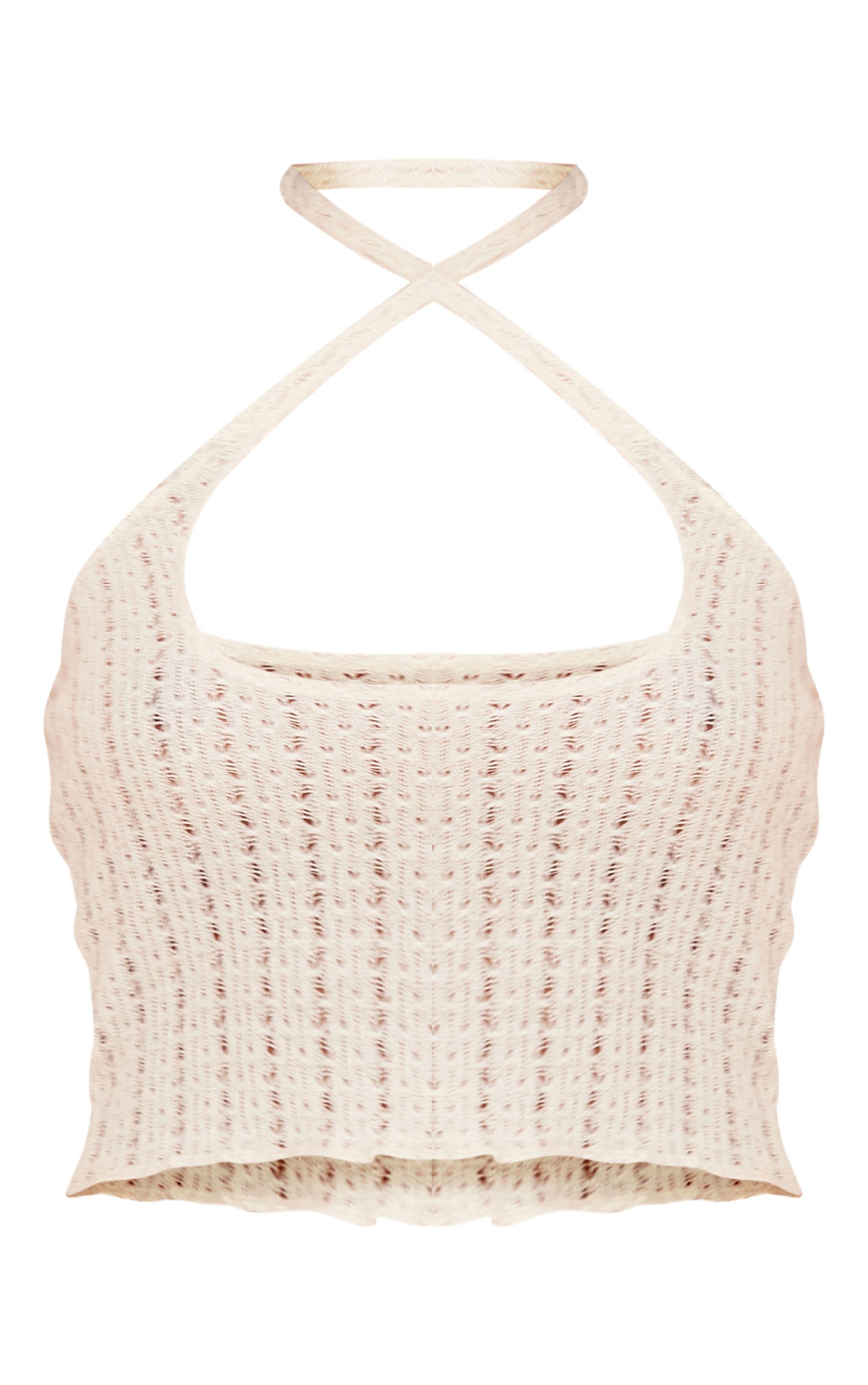 Cream Knit Look Cut Out Halter Crop Top Product Image