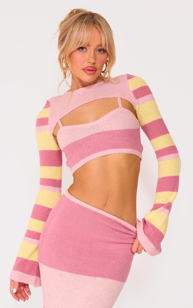 Pink Knit Stripe Detail Shrug And Cami Product Image