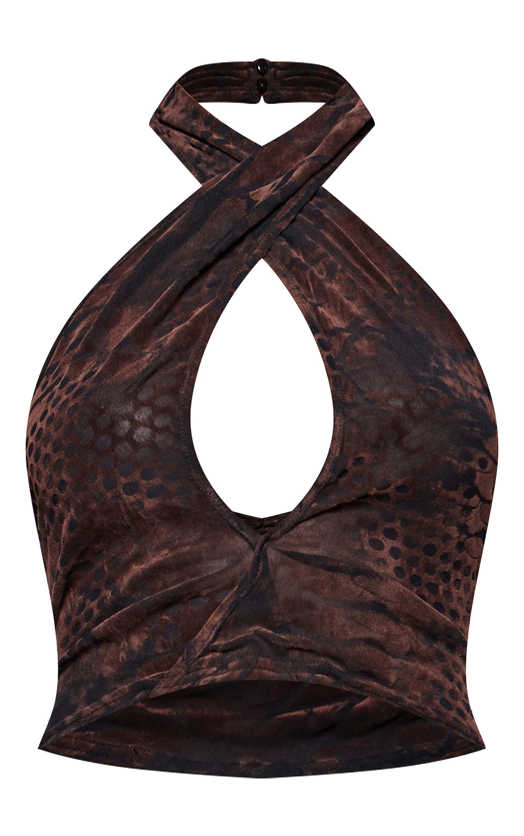 Brown Velvet Devore Plunge Backless Top Product Image