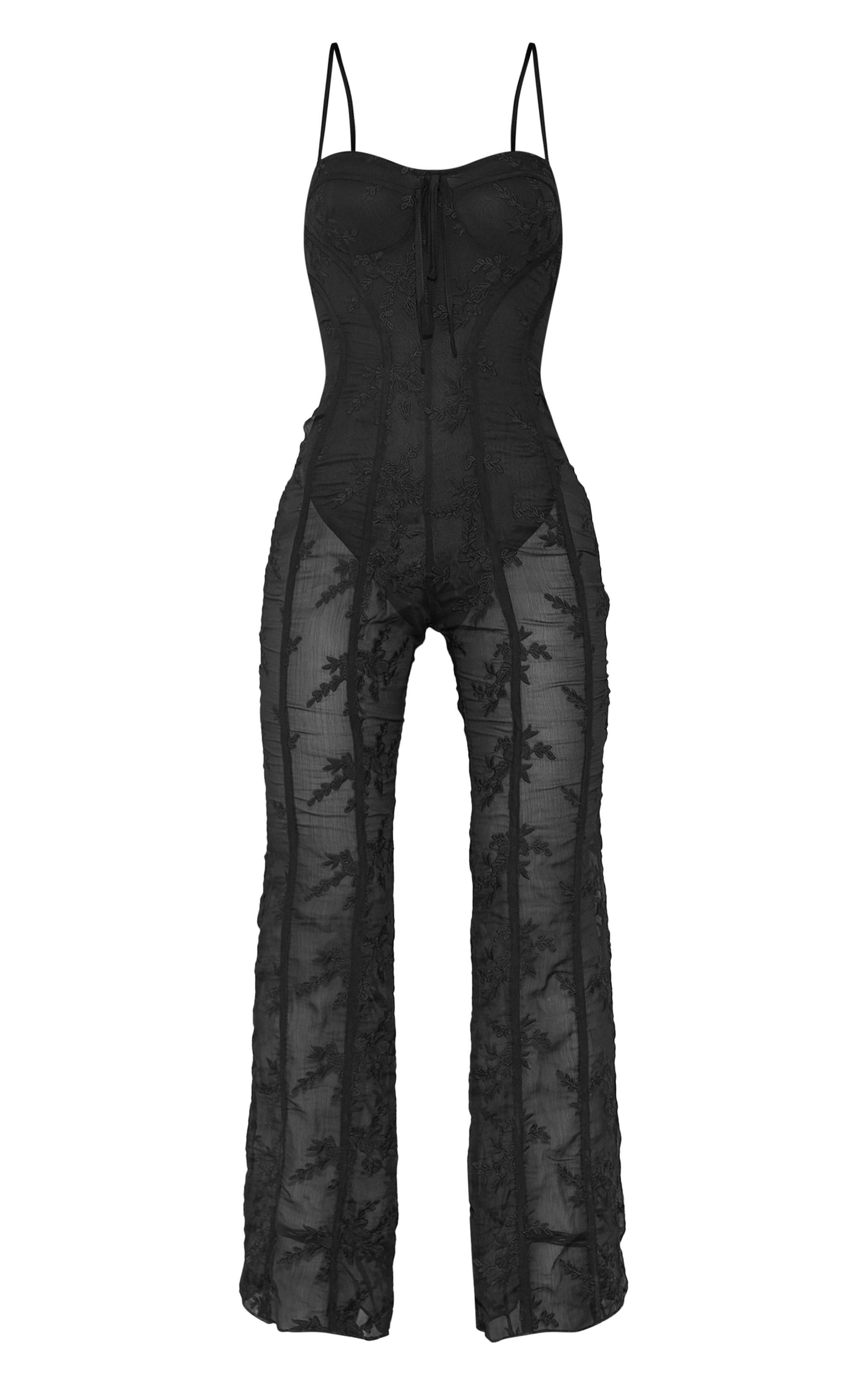 Black Lace Binding Detail Strappy Sheer Jumpsuit Product Image