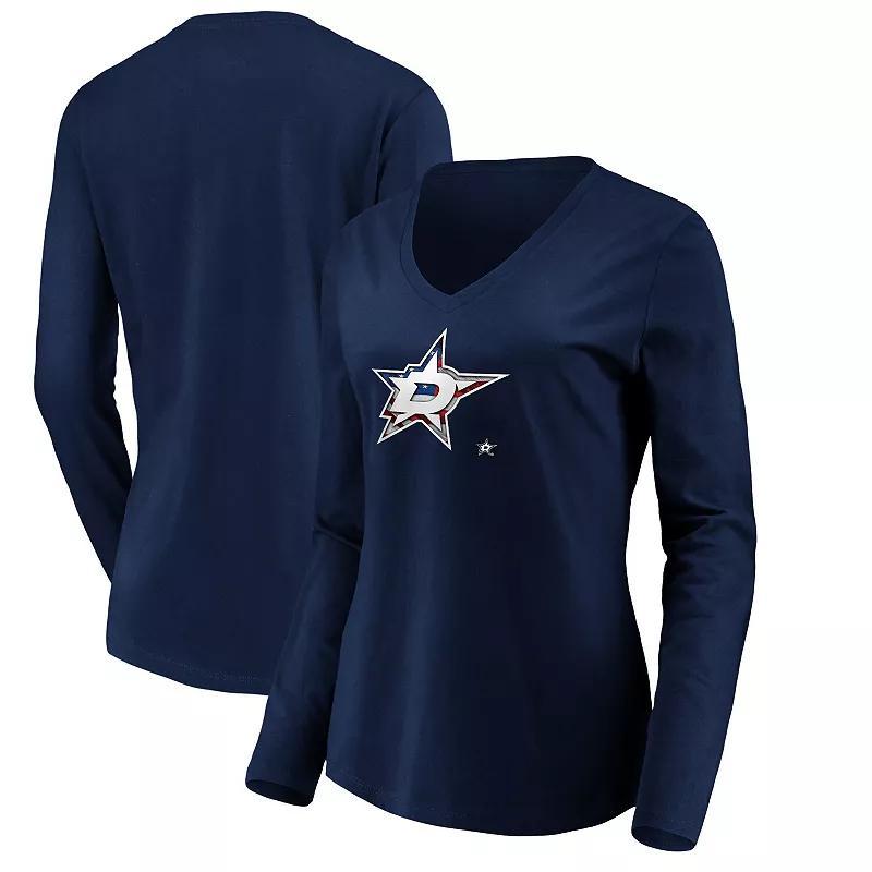 Womens Navy Dallas Stars Banner Wave Logo Long Sleeve V-Neck T-Shirt Str Blue Product Image