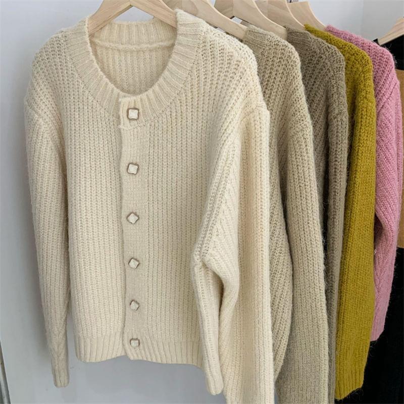 Crew Neck Plain Button-Up Cardigan Product Image