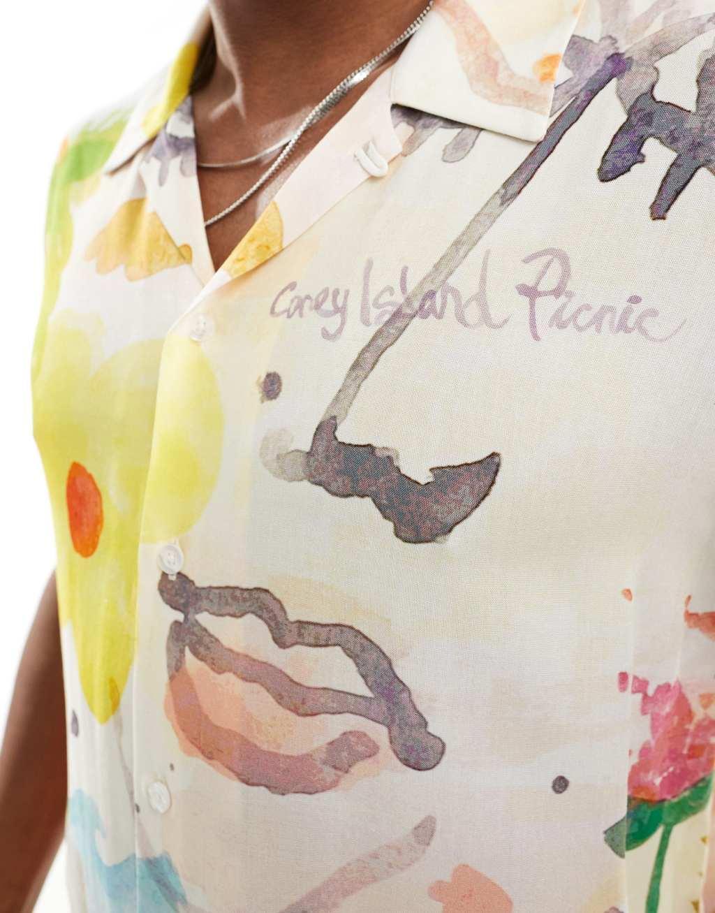 Coney Island Picnic watercolor print camp collar shirt in multi Product Image