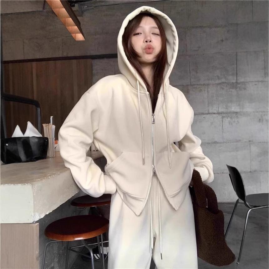 Plain Zip-Up Hoodie / Drawstring Waist Wide Leg Sweatpants Product Image