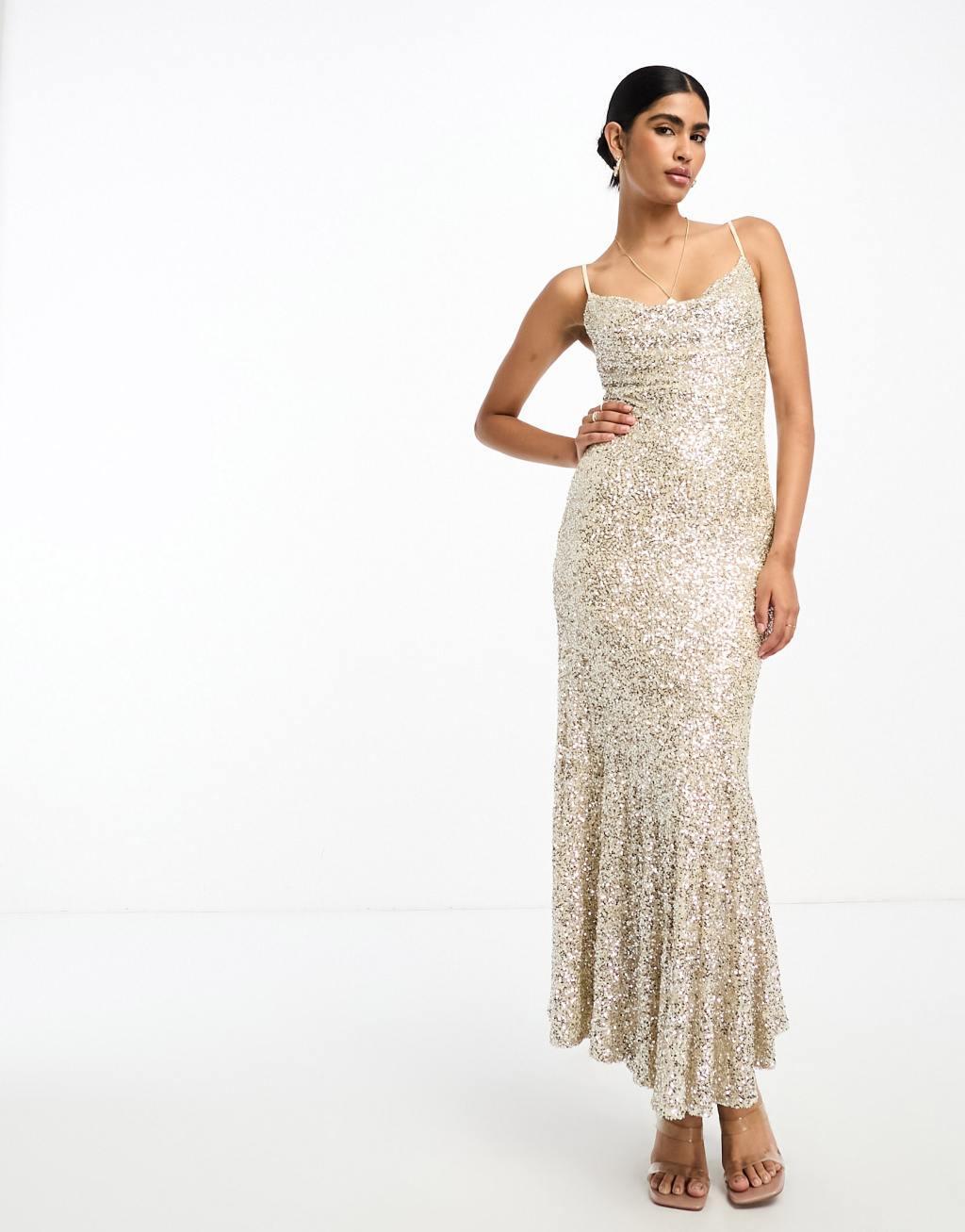 Never Fully Dressed Bridal sequin cowl neck midaxi dress in champagne Product Image