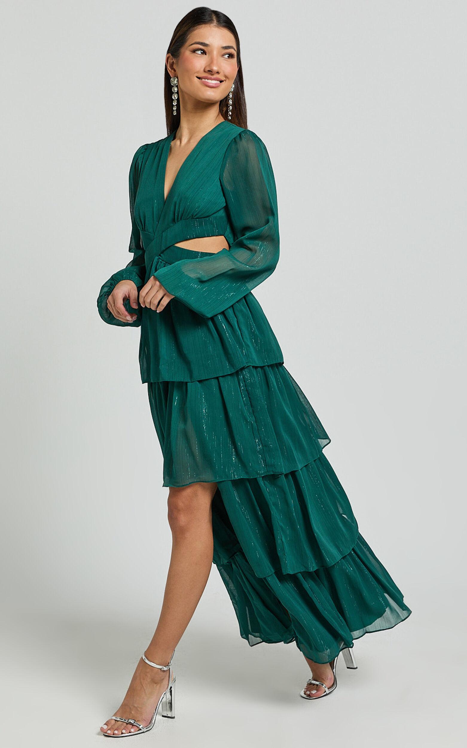 Jacinda Maxi Dress - Cut Out Long Sleeve Thigh Split Tiered Dress in Emerald Product Image