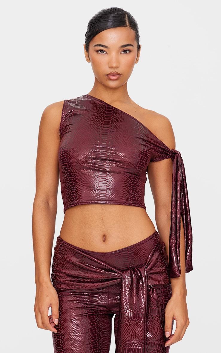  Burgundy Wet Look Croc Print Knot Detail Top Product Image